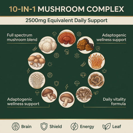 Mushroom Immune Booster - 10-in-1 Mushroom Complex with Chaga, Cordyceps, Reishi & Lion's Mane for Energy, Focus & Defense - 2500mg Equivalent - 60 Vegan Capsules