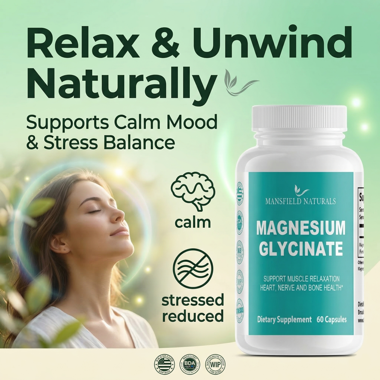Magnesium Glycinate Supplement - Gentle on Stomach - Supports Nerve, Muscle & Sleep Health - Capsules - 250 mg - 60 Count