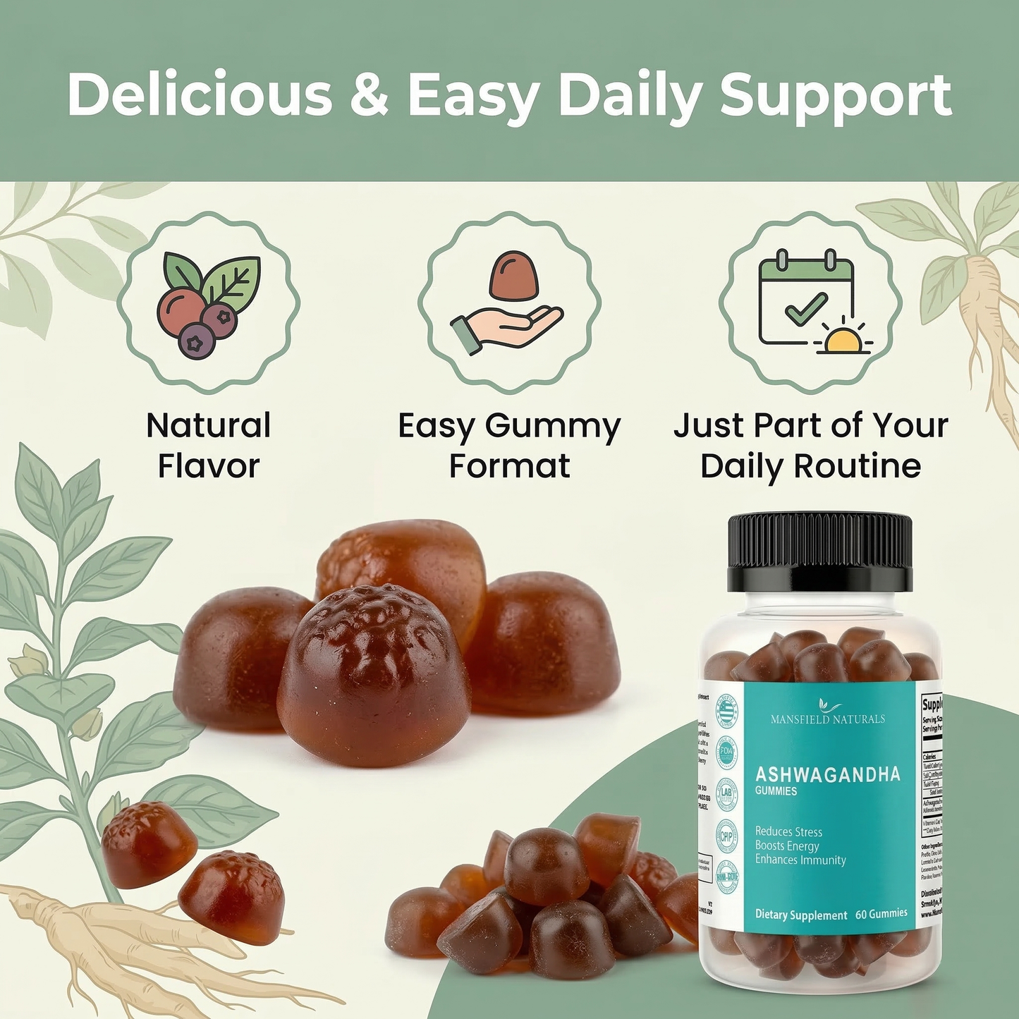Ashwagandha Gummies with Ashwagandha Root Extract 60 Count Natural Stress Relief & Mood Support Vegan, Non-GMO, Gluten Free Herbal Supplement Pack of 1