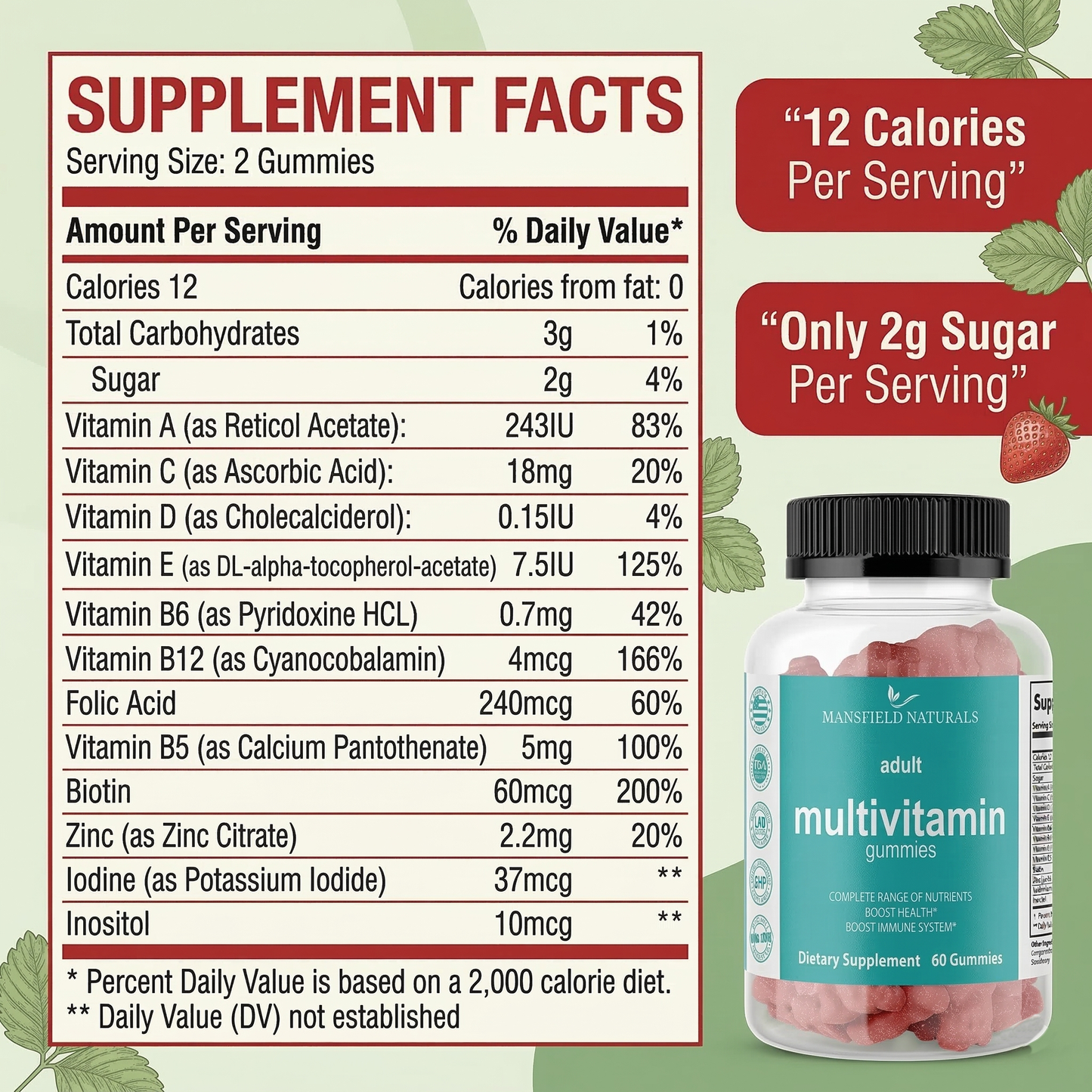 Adult Multivitamin Gummies  Daily Vitamins A, C, D, E, B12, Zinc & More  Immune & Energy Support  Natural Fruit Flavor  60 Count