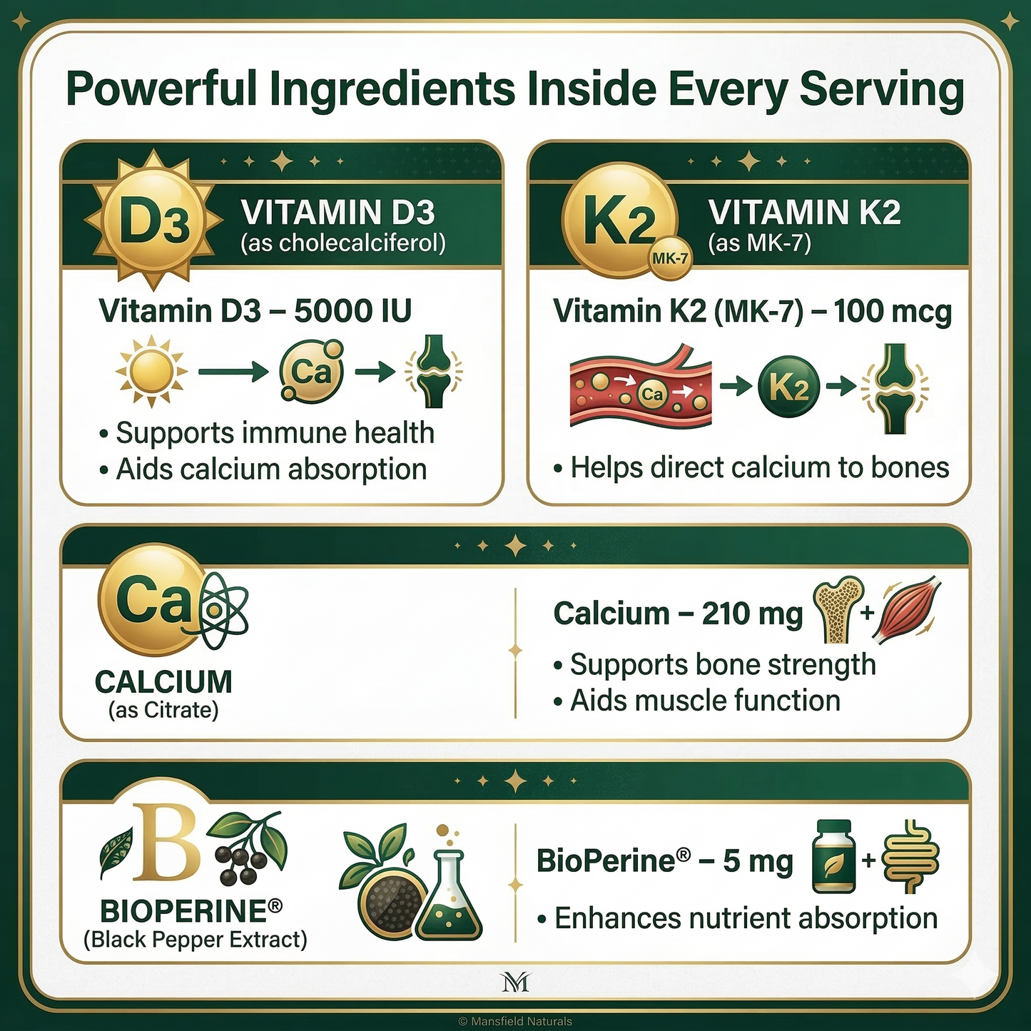 Vitamin K2+ D3 Supplement with Calcium and BioPerine, 5000 IU, Vegan Capsules for Bone and Cardiovascular Health