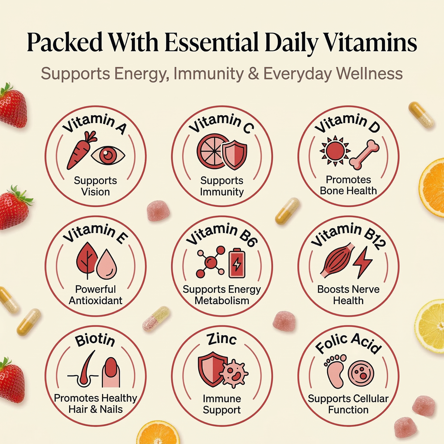 Adult Multivitamin Gummies  Daily Vitamins A, C, D, E, B12, Zinc & More  Immune & Energy Support  Natural Fruit Flavor  60 Count