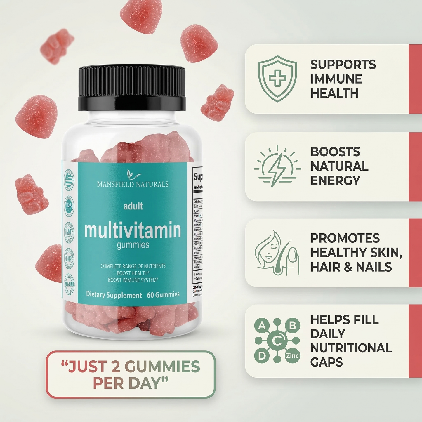 Adult Multivitamin Gummies  Daily Vitamins A, C, D, E, B12, Zinc & More  Immune & Energy Support  Natural Fruit Flavor  60 Count