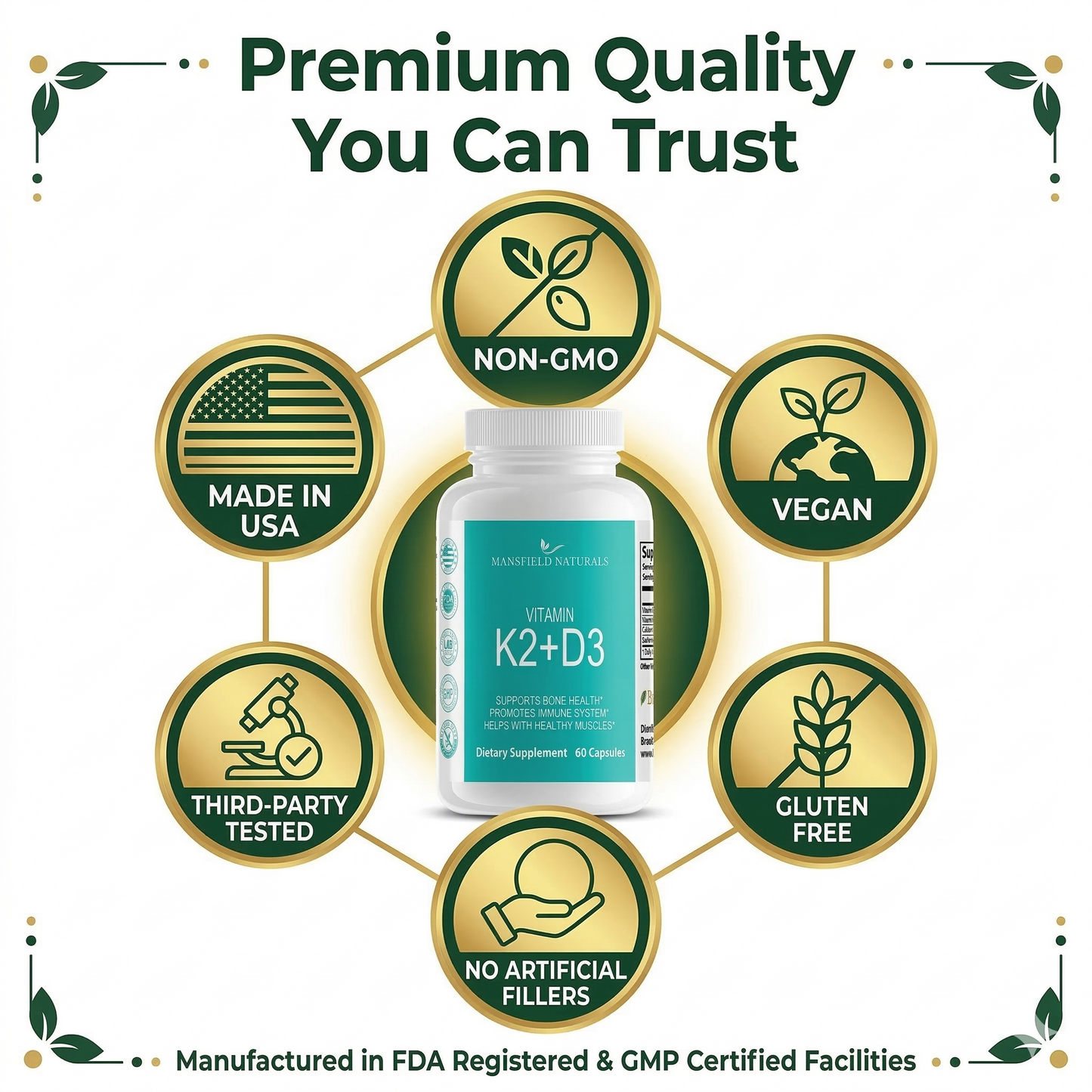 Vitamin K2+ D3 Supplement with Calcium and BioPerine, 5000 IU, Vegan Capsules for Bone and Cardiovascular Health
