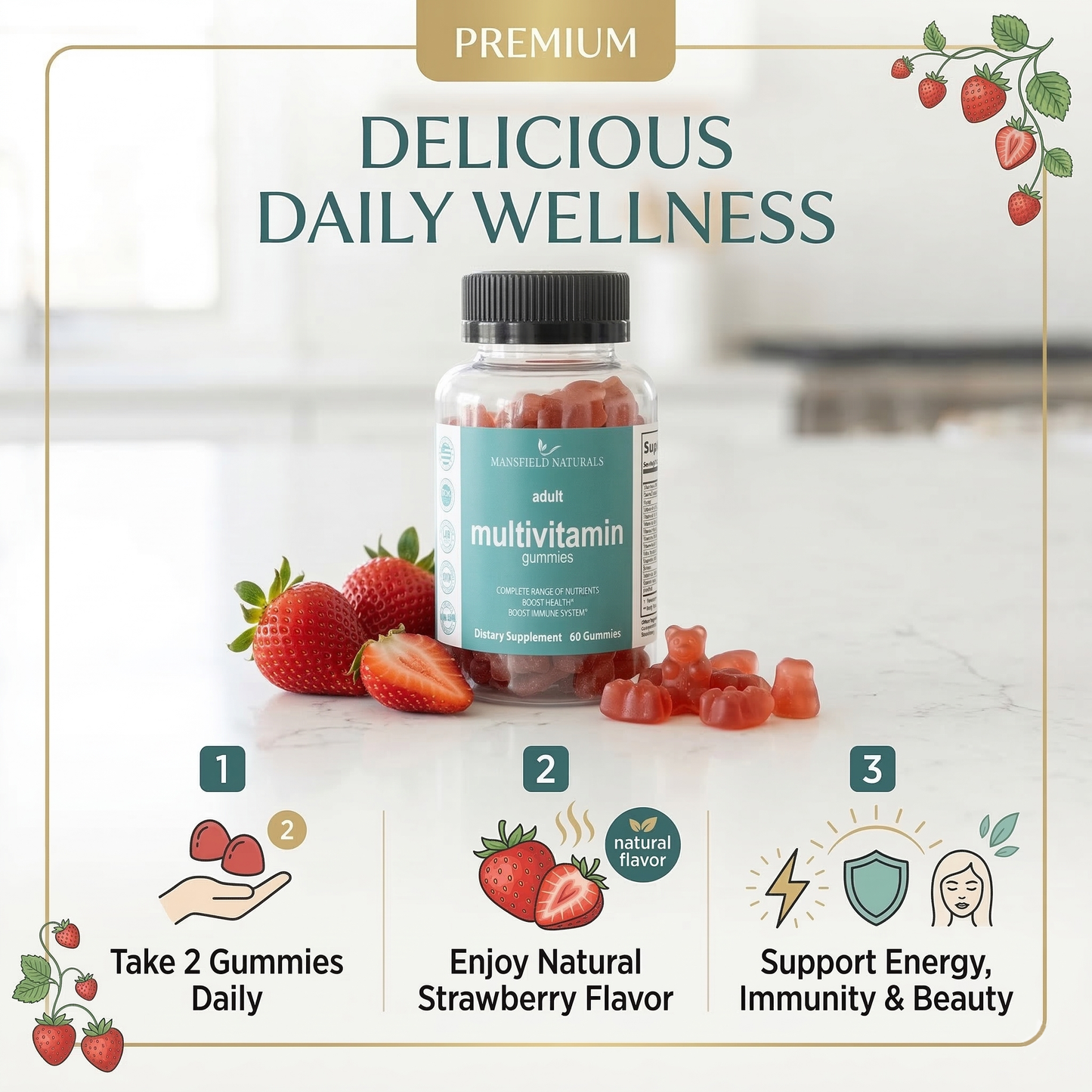 Adult Multivitamin Gummies  Daily Vitamins A, C, D, E, B12, Zinc & More  Immune & Energy Support  Natural Fruit Flavor  60 Count