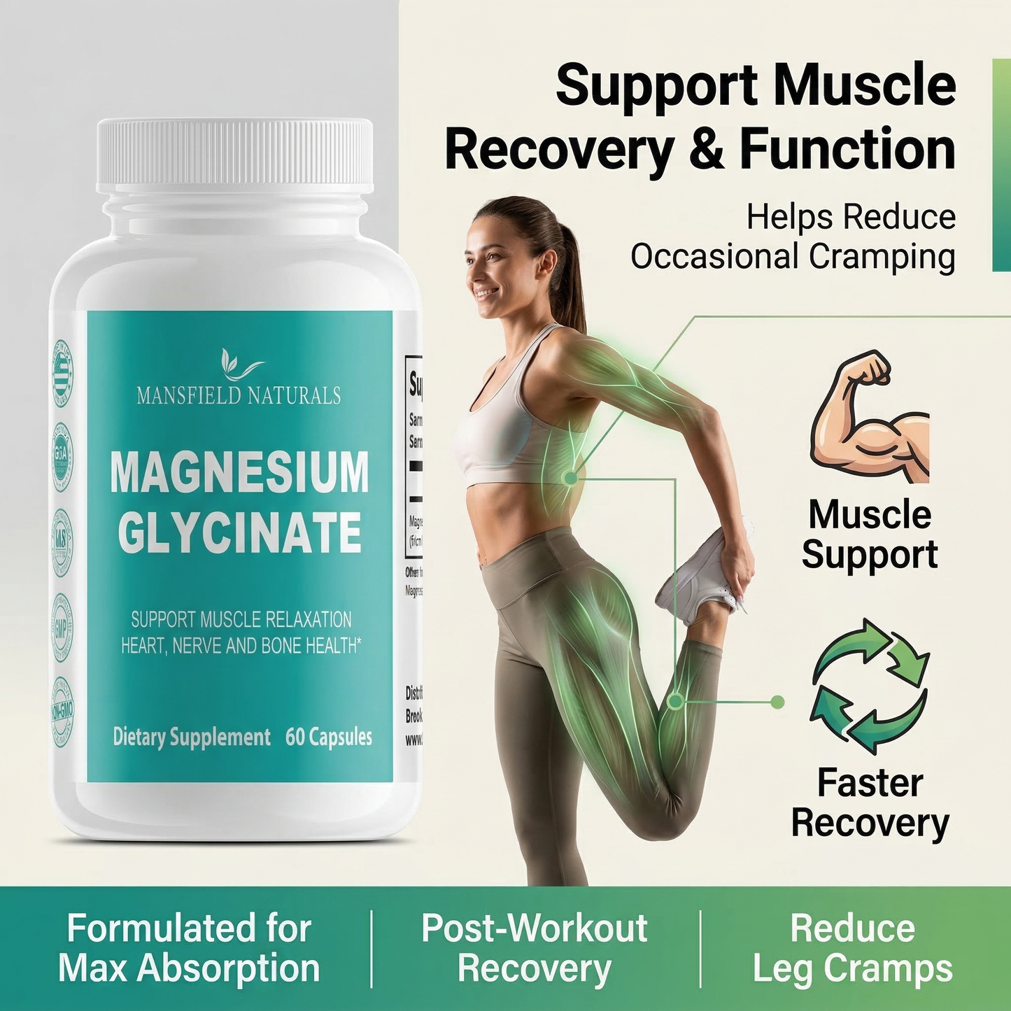 Magnesium Glycinate Supplement - Gentle on Stomach - Supports Nerve, Muscle & Sleep Health - Capsules - 250 mg - 60 Count