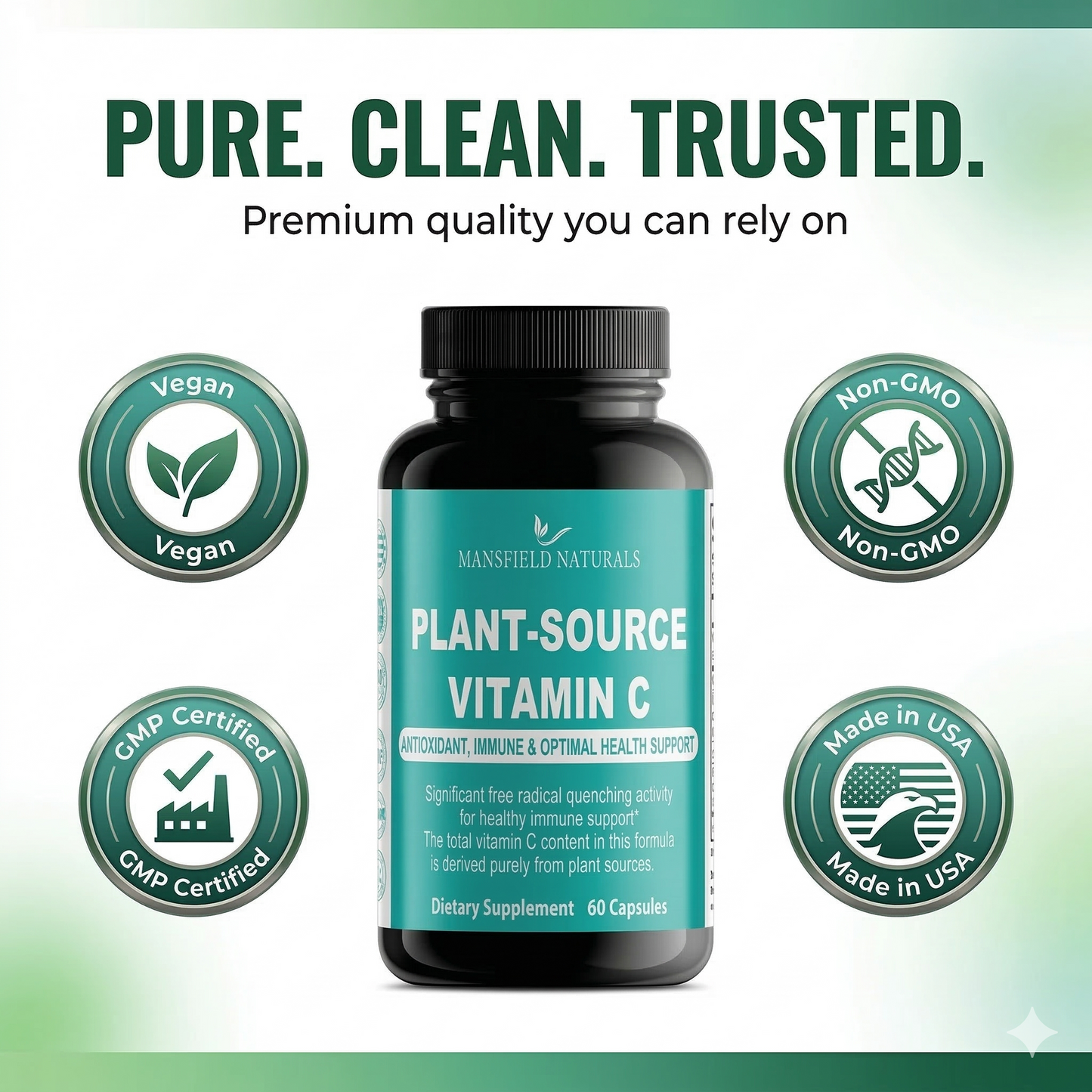 Plant Source Vitamin C - Whole Food Vitamin C Supplement with Acerola Cherry & Rose Hips - Immune Support & Antioxidant Complex - Vegan, Non-GMO - 60 Vegetable Capsules