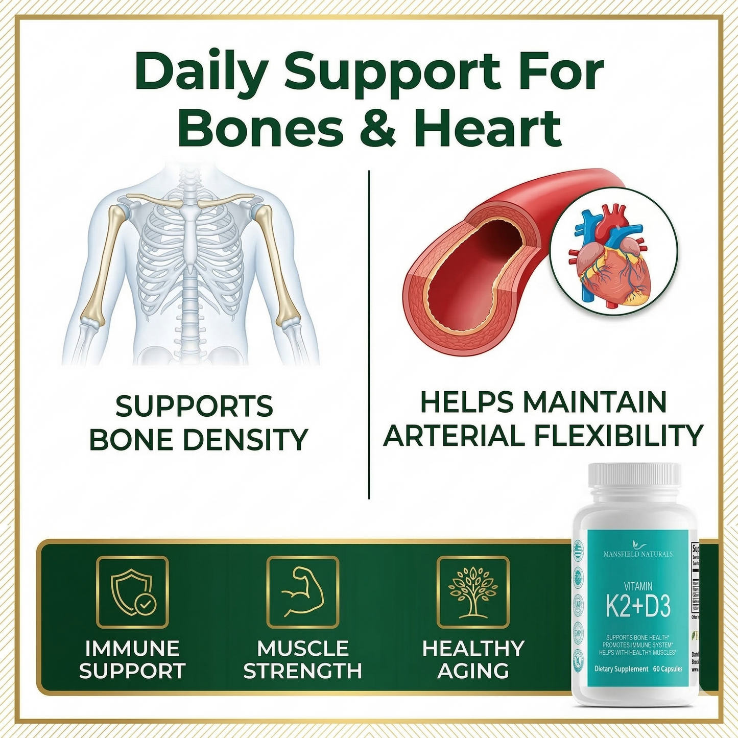 Vitamin K2+ D3 Supplement with Calcium and BioPerine, 5000 IU, Vegan Capsules for Bone and Cardiovascular Health